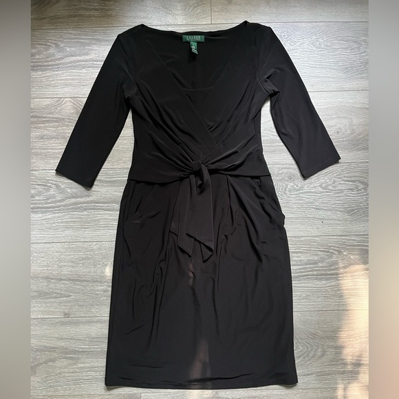 Lauren Ralph Lauren Black Long Sleeve Twist Front Knee Length Dress Size 4 Work - Picture 1 of 11